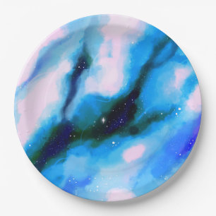 Blauw gemarmerde abstracte achtergrond in de ruimt papieren bordje