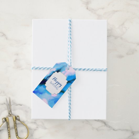 Blauw gemarmerde buitenruimte Abstract Happy Birth Cadeaulabel (Met Touw)