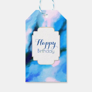 Blauw gemarmerde buitenruimte Abstract Happy Birth Cadeaulabel