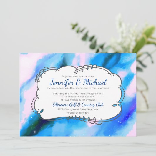 Blauw gemarmerde buitenruimte Abstracte bruiloft u Kaart (Staand voorkant)