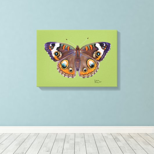 Blauw Gemeenschappelijk Buckeye Vlinder Realistisc Canvas Afdruk (Insitu (Houten vloer))