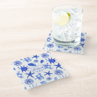 Blauw, gemengd patroon-aangepaste monogram-naam glazen onderzetter