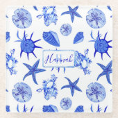 Blauw, gemengd patroon-aangepaste monogram-naam glazen onderzetter (Voorkant)