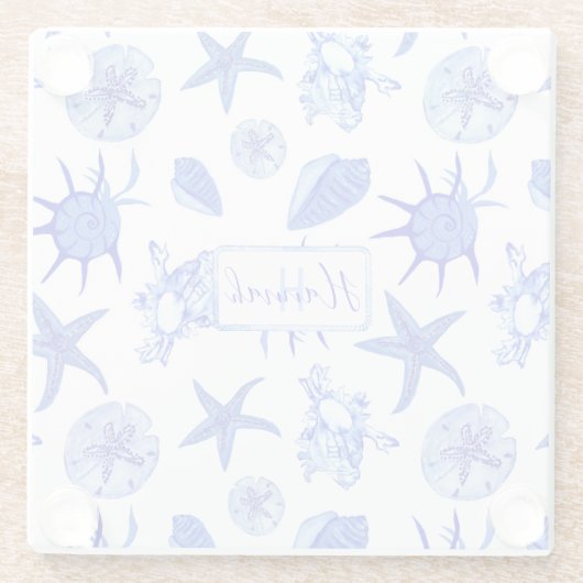 Blauw, gemengd patroon-aangepaste monogram-naam glazen onderzetter (Achterkant)