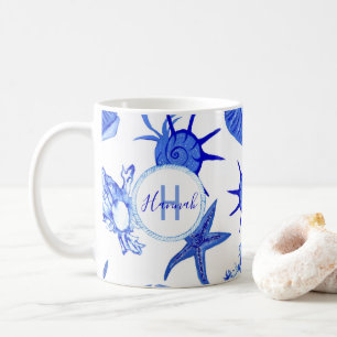 Blauw, gemengd patroon-aangepaste monogram-naam koffiemok