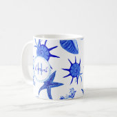 Blauw, gemengd patroon-aangepaste monogram-naam koffiemok (Voorkant links)
