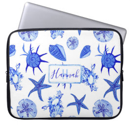 Blauw, gemengd patroon-aangepaste monogram-naam laptop sleeve