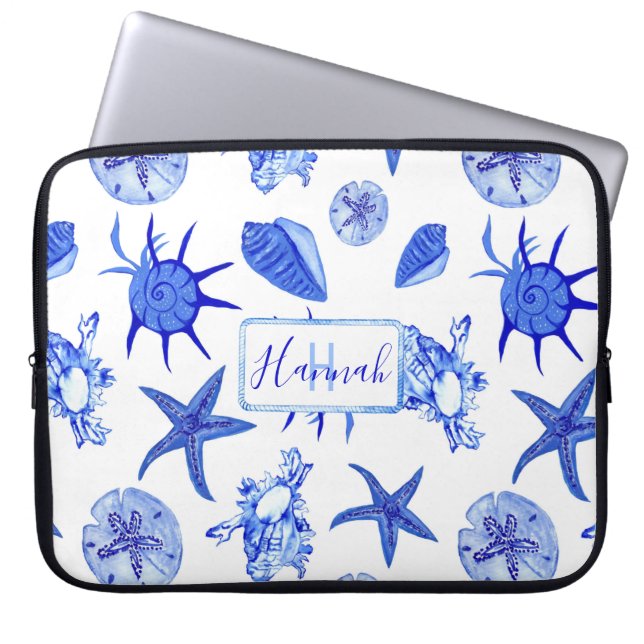 Blauw, gemengd patroon-aangepaste monogram-naam laptop sleeve (Voorkant)