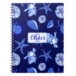 Blauw, gemengd patroon-aangepaste monogram-naam notitieboek