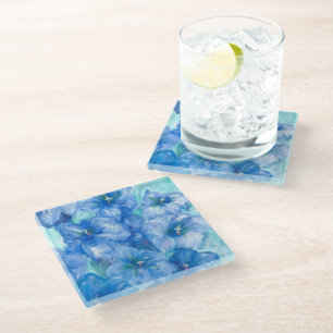 Blauw Gentian Wildflower Painting Square Glazen Onderzetter