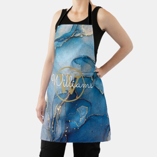 Blauw Geode Agaat Gouden Initialen Script Naam Schort (Insitu)