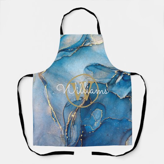 Blauw Geode Agaat Gouden Initialen Script Naam Schort (Voorkant)