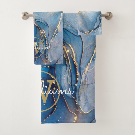 Blauw Geode Agaat Gouden Monogram Bad Handdoek (Insitu)