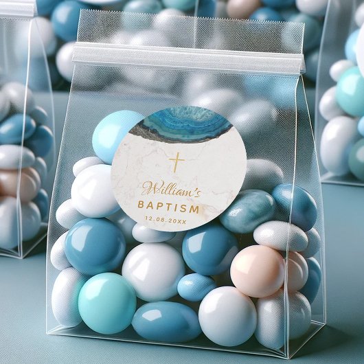 Blauw Geode Jongen Dop Wit Marmeren Goud Kruis Ronde Sticker