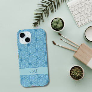 Blauw geometrisch abstract patroon met monogram  iPhone 15 case