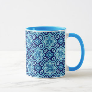 blauw geometrisch bloemenpatroon mok