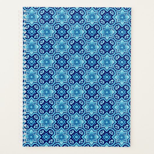 blauw geometrisch bloemenpatroon planner (Voorkant)
