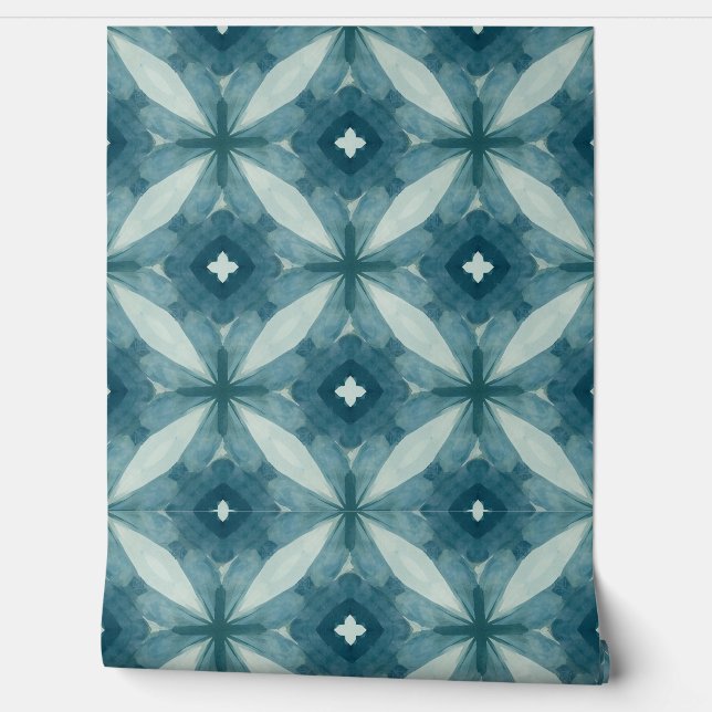 Blauw geometrisch bloempatroon behang (Afrollen)