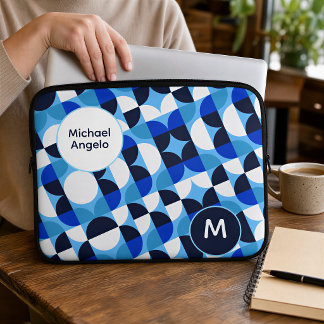 Blauw geometrisch gepersonaliseerd monogram initia laptop sleeve