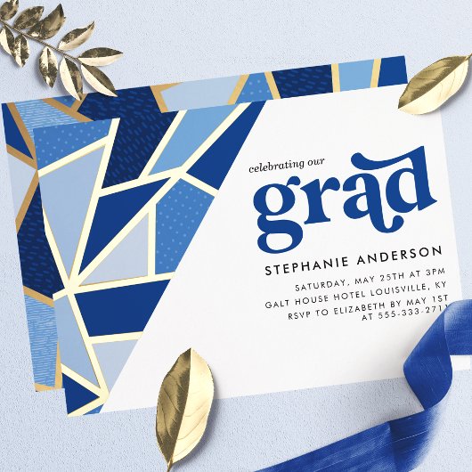 Blauw Geometrisch Goud Modern Graduation Party Folie Uitnodiging