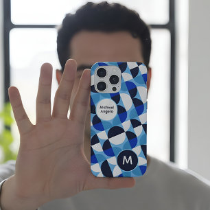 Blauw Geometrisch Mozaïek Bauhaus Monogram Aangepa iPhone 15 Pro Max Case