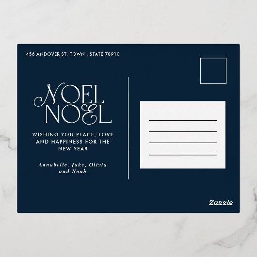 blauw geometrisch Noel script elegant modern Folie Feestdagen Briefkaart (Achterkant)