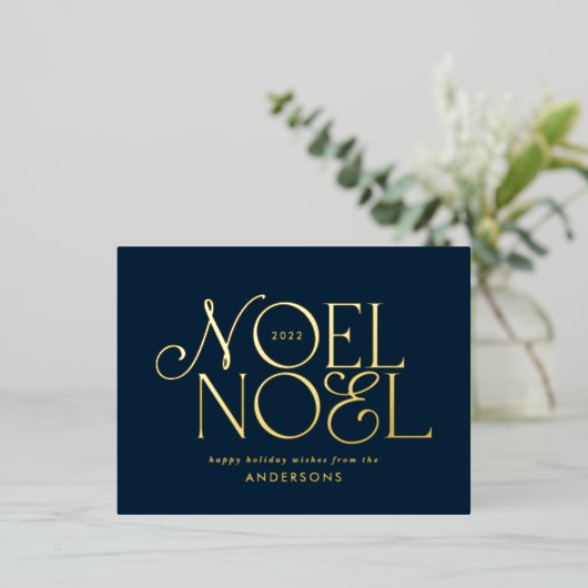 blauw geometrisch Noel script elegant modern Folie Feestdagen Briefkaart (Staand Voorkant)