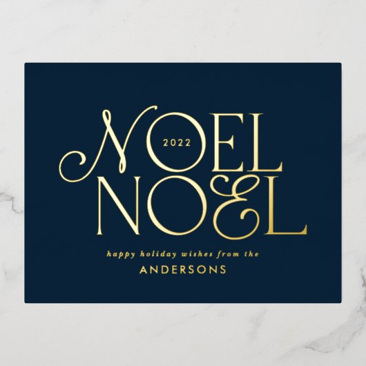 blauw geometrisch Noel script elegant modern Folie Feestdagen Briefkaart (Voorkant)