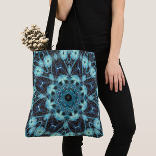 Blauw geometrisch patroon met stralende gloed tote bag