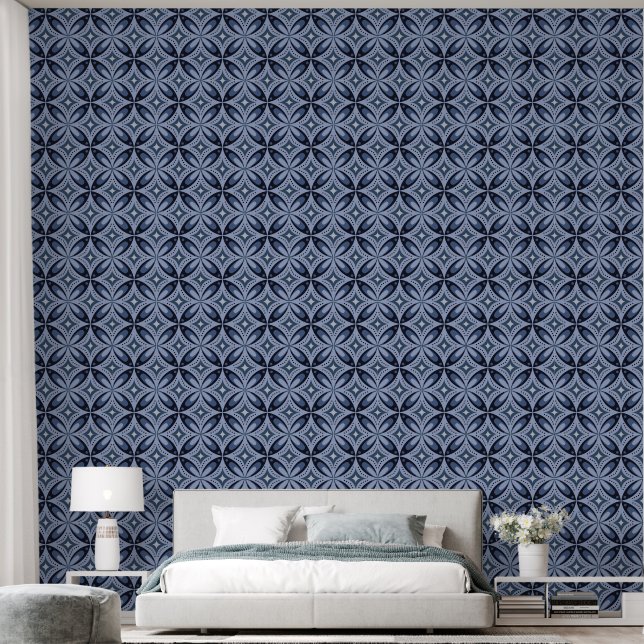 Blauw geometrisch patroon retro stijl behang (Slaapkamer)