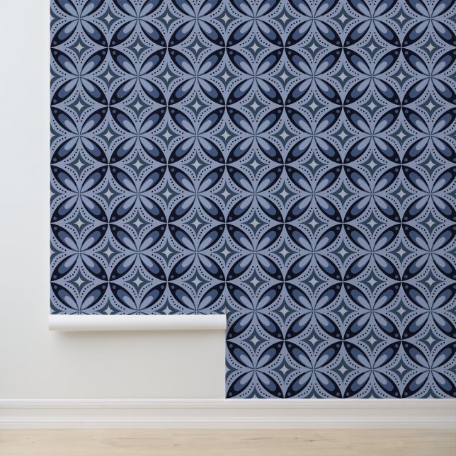 Blauw geometrisch patroon retro stijl behang (Applicatie)