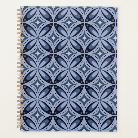 Blauw geometrisch patroon retro stijl planner (Voorkant)