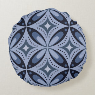 Blauw geometrisch patroon retro stijl rond kussen