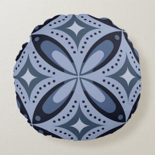 Blauw geometrisch patroon retro stijl rond kussen