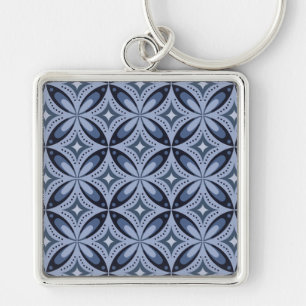 Blauw geometrisch patroon retro stijl sleutelhanger