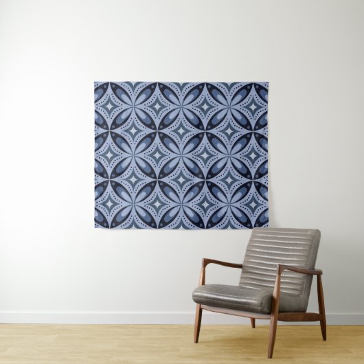Blauw geometrisch patroon retro stijl wandkleed (In Situ (horizontaal))