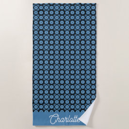 Blauw geometrisch retro cirkelpatroon aangepaste n strandlaken