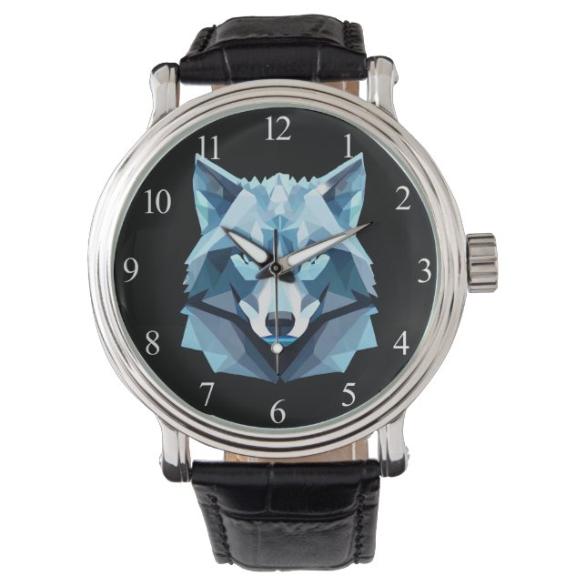 Blauw Geometrisch Wolfhoofd Horloge (Voorkant)