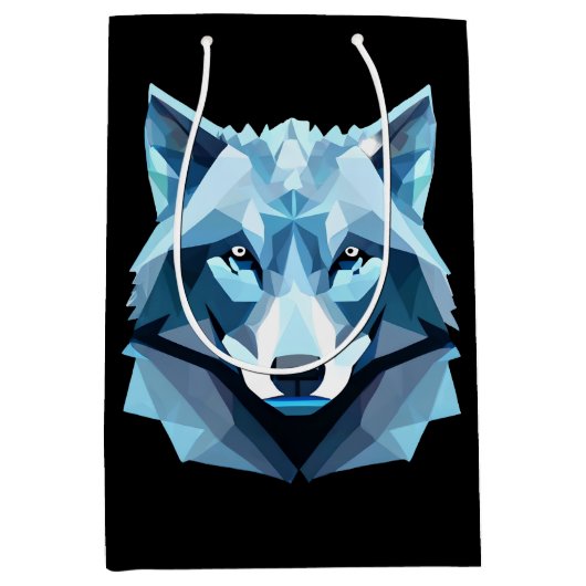 Blauw Geometrisch Wolfhoofd Medium Cadeauzakje (Voorkant)