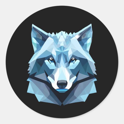 Blauw Geometrisch Wolfhoofd Ronde Sticker (Voorkant)