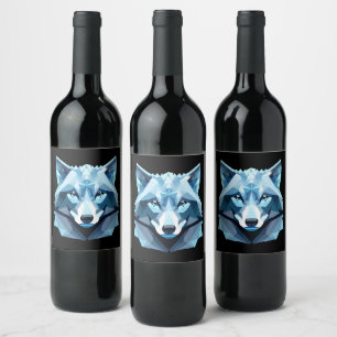 Blauw Geometrisch Wolfhoofd Wijn Etiket