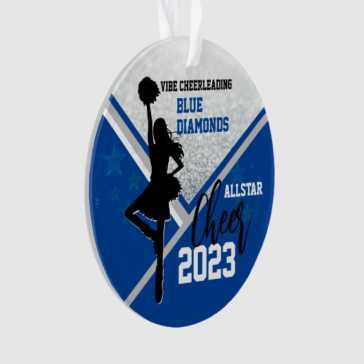 Blauw Gepersonaliseerd Cheerleading Kerstmis Ornament (voorkant)