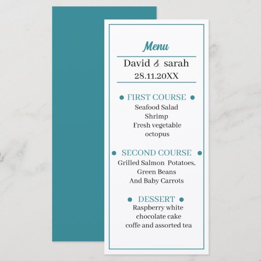 Blauw Gepersonaliseerd Trouwdiner Menu (Voorkant / Achterkant)