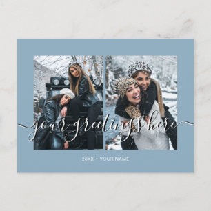 Blauw Gepersonaliseerde 2 foto's Universele Groete Briefkaart