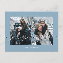 Blauw gepersonaliseerde 2 foto's Universele Groete Briefkaart