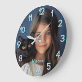Blauw Gepersonaliseerde Foto & Naam Grote Klok (Hoek)
