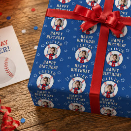 Blauw gepersonaliseerde honkbal verjaardagsfoto cadeaupapier