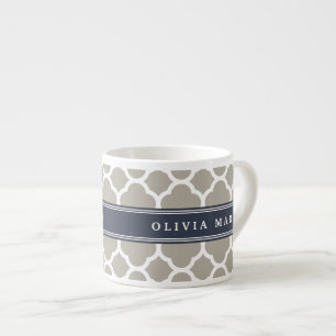 Blauw, gepersonaliseerde naam grijs Quatrefoil Pat Espresso Kop