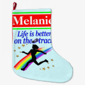 BLAUW GEPERSONALISEERDE TRACK & FIELD KERSTKOUS GROTE KERSTSOK (Voorkant)