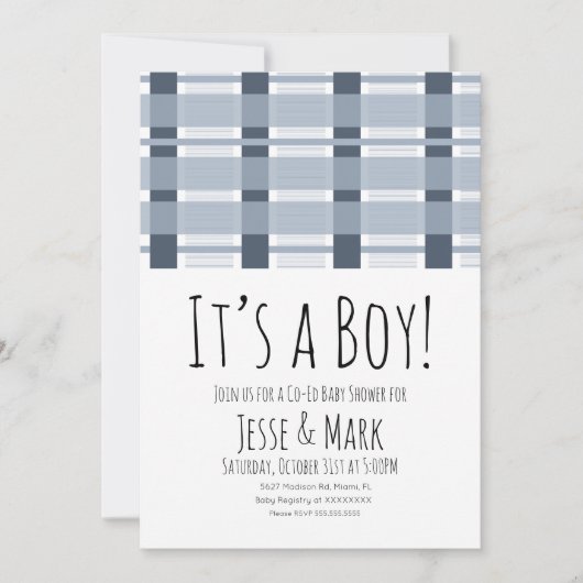 Blauw geplakt Baby shower Pattern Het is een jonge Kaart (Voorkant)